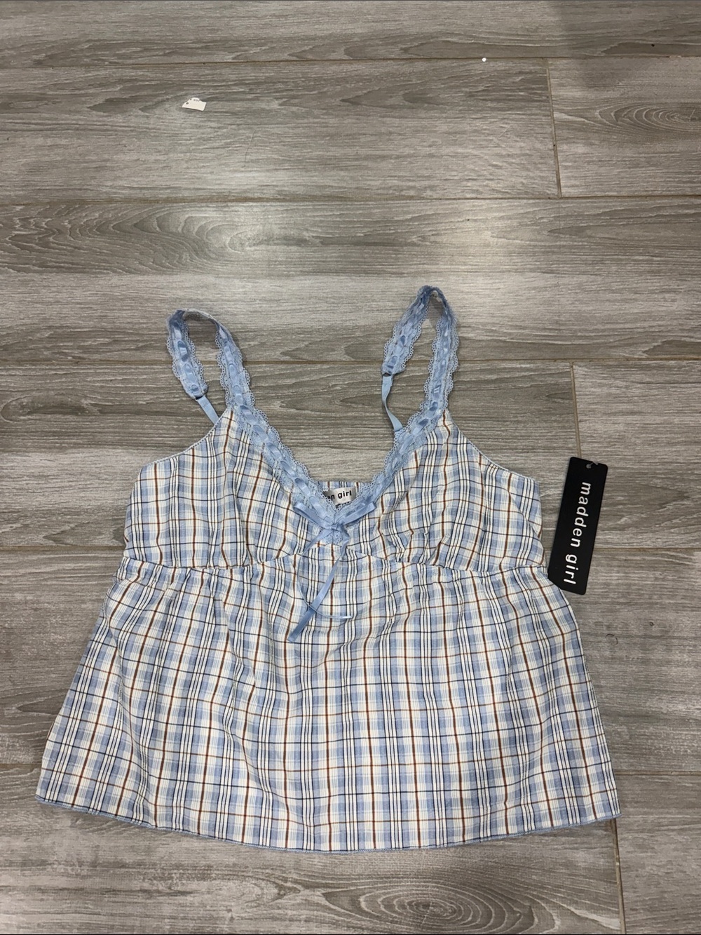 Madden Girl Light Blue Plaid Lace-Trim Cami L Junior